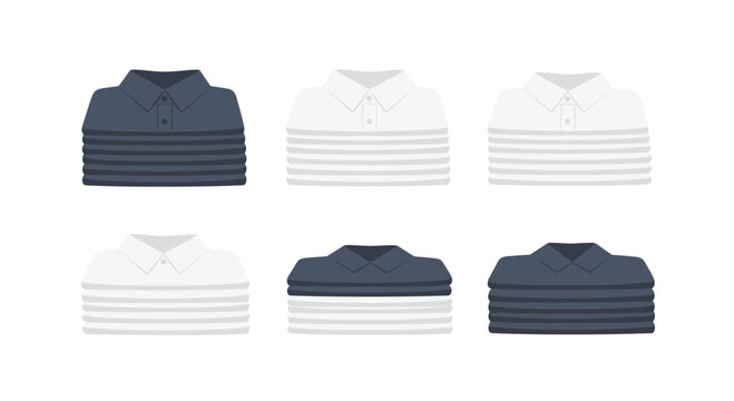 Six neatly stacked piles of folded men's polo shirts in various shades of grey, white, and dark blue presented on a clear background.