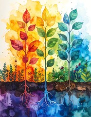 Watercolor painting of three seedlings with differently colored leaves set against corresponding backgrounds, roots below