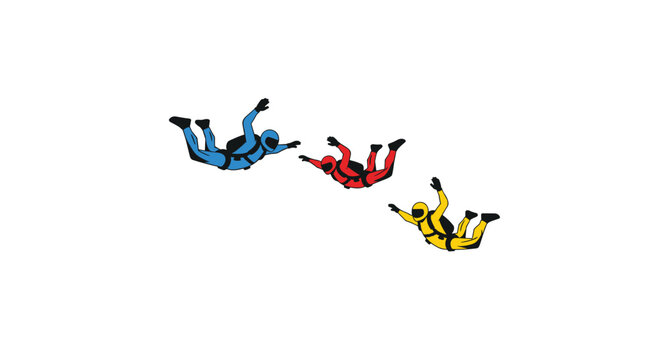 Three skydivers in colorful blue, red, and yellow jumpsuits are seen freefalling through the air with arms and legs outstretched on a white background.