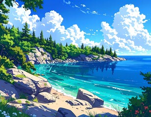 Tranquil coastline scene with turquoise water, sandy beach, and lush green trees under a bright blue sky