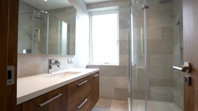 Modern bathroom interior with a glass shower enclosure and wooden vanity. Luxury home renovation project showcasing contemporary design and high end fixtures