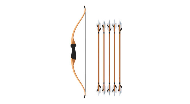 A sleek modern recurve bow with a black grip stands vertically next to five arrows featuring white fletching and pointed tips, all on a white background.
