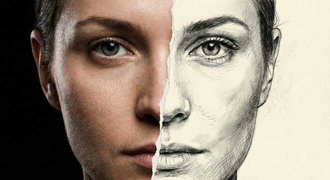 Conceptual portrait half photorealistic face and half pencil sketch