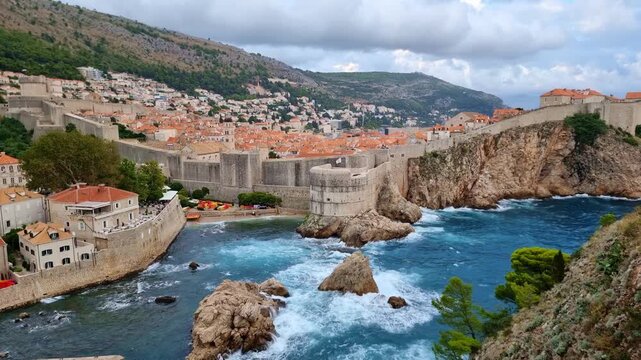 The historic Fort Lovrijenac on a rocky cliff and the blue Adriatic Sea in Dubrovnik, Croatia, on a sunny day