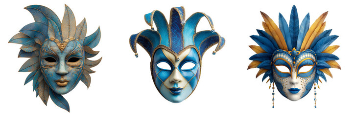 Set of Blue decorative carnival mask with layered feathers on transparent png background. Ai generated