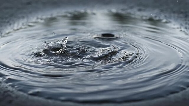 Dramatic close up shot of a water droplet causing splash and ripples