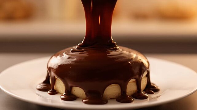 Indulgent delight of a decadent chocolate dessert being drenched with glossy sauce