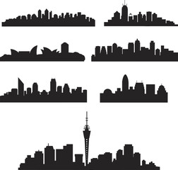 City skyline silhouettes set, world urban buildings panorama collection, modern architecture landmarks concept, downtown cityscape icons, isolated black vector illustration