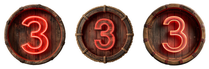 Fototapeta premium Set of Red neon number three glowing against black, modern numeric display on transparent png background. Ai generated