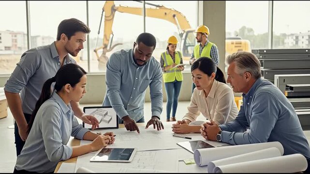 Diverse construction team collaboratively reviewing architectural blueprints and digital tablet plans around a large table in a modern office with a building site view