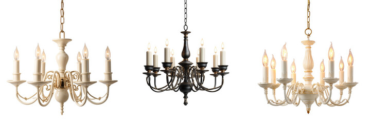 Set of hand-brushed old bronze chandelier, eight arms, flat design on transparent png background. Ai generated