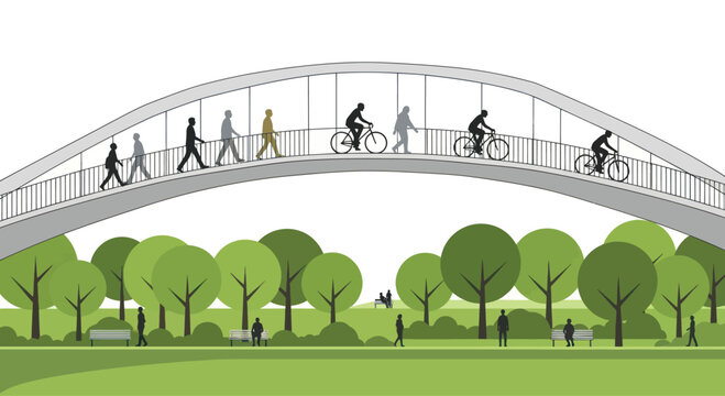 People cycling and walking on a modern pedestrian bridge over a park with trees