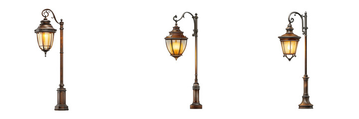 Naklejka premium Set of Old-fashioned lamppost in retro design, standing on transparent png background. Ai generated