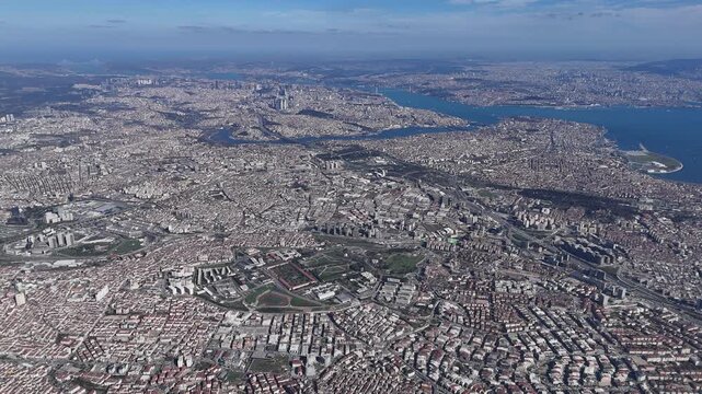 Aerial daytime view of Istanbul's 3rd bridge, drone footage of Istanbul from the sky. General view of Istanbul from high altitude.