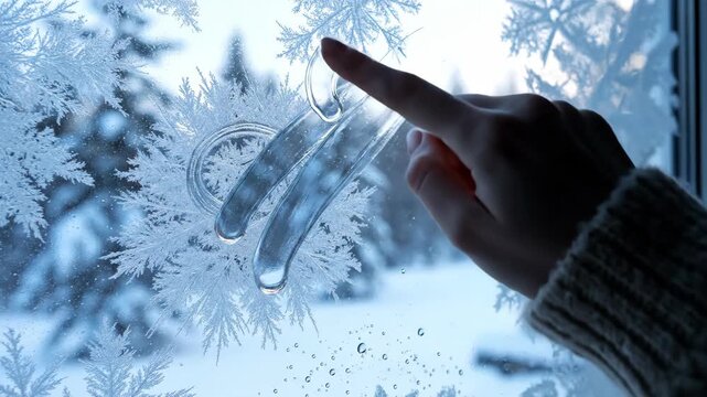 Touching frost on window with finger creating patterns in winter scenery. Frosted glass showcases delicate ice crystals and winter landscape outside,