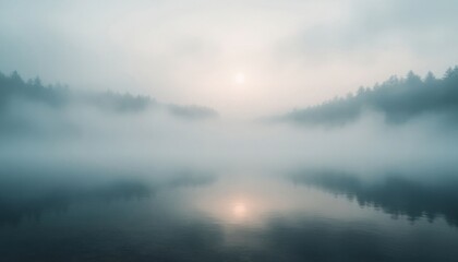 Foggy lake morning reflection
