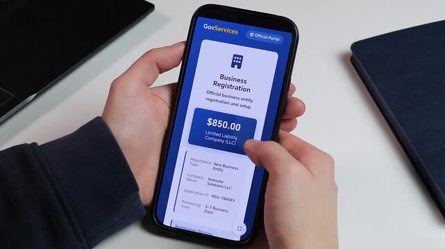 Entrepreneur registers a new company through a government portal app on smartphone, reviewing details and preparing secure payment. Modern digital incorporation process, online business setup and