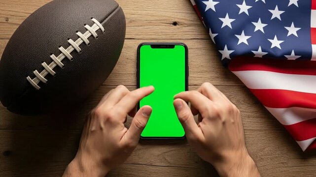 Top view of hands holding smartphone with green screen beside American football and flag.