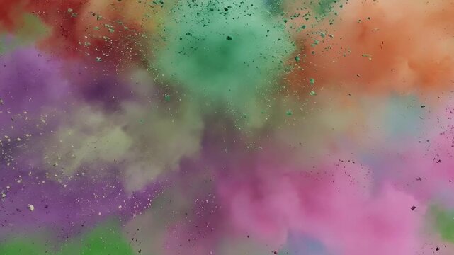 Vibrant holi festival color powder explosion on green screen background for festive motion graphics advertising and creative compositing with slow motion cinematic particles effects visuals