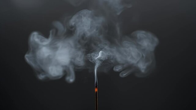 Dramatic wisps of smoke rise from an extinguished match stick against dark backdrop