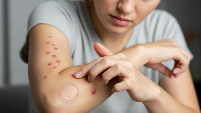 Close Up of Skin Allergy Test on Forearm Showing Multiple Prick Marks and Reactive Dots.