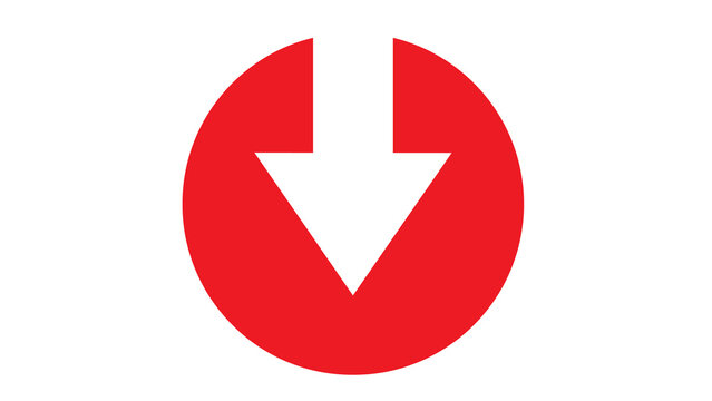 Bold white arrow pointing downwards within a solid red circle, symbolizing a decrease or negative trend.