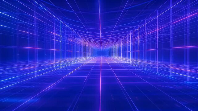 Abstract perspective neon grid with blue and purple vibrant colors background