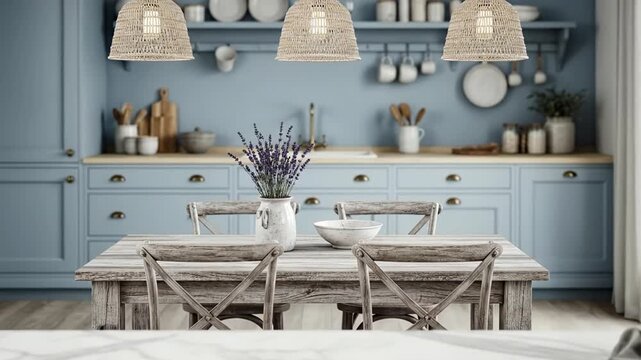 Cozy blue kitchen interior with rustic dining table and lavender centerpiece.