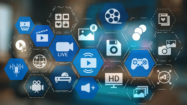 Multimedia technology with video, audio, photo and streaming icons representing digital media, communication and online platforms in a modern multimedia world. Gist