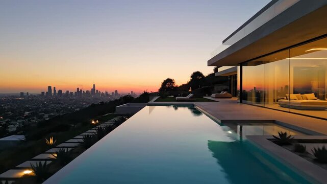 Luxury modern house infinity pool overlooking los angeles at sunset