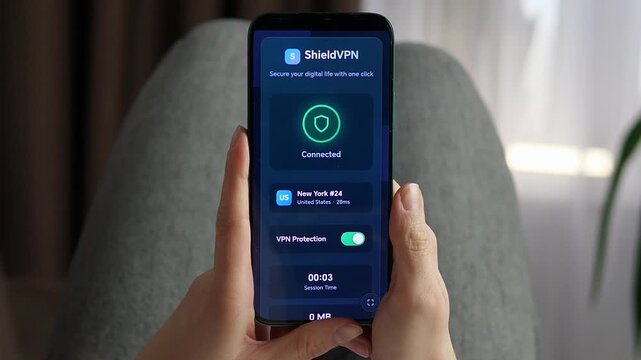Smartphone showing a connected VPN app for anonymous browsing. Green shield icon indicates a secure tunnel to a US server. Perfect for content about cybersecurity, digital privacy, and data protection