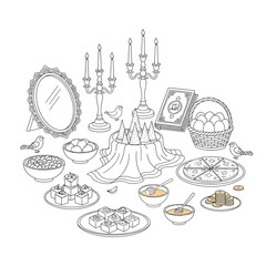Traditional haft sin table setting for norouz persian new year holiday line art