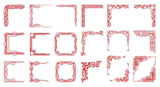 Collection of Red Ornate Decorative Frame Corners and Borders with Swirls and Scrolls, Isolated White Background