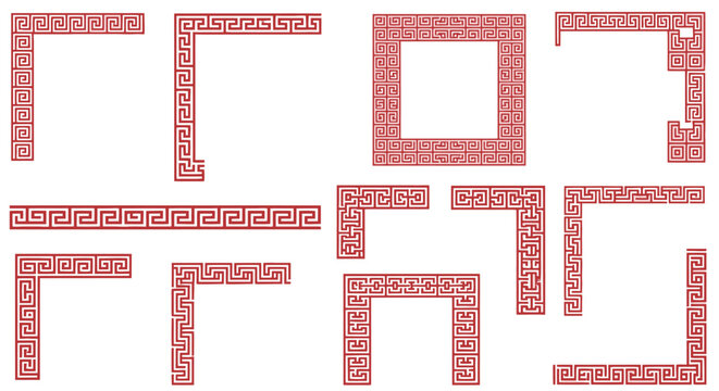 Red Greek Key Pattern Corner Frames and Meander Borders Set, Isolated White Background