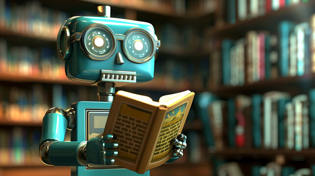 An intelligent blue robot with glasses diligently reads a book, symbolizing artificial intelligence, learning, and knowledge acquisition in a futuristic library setting.