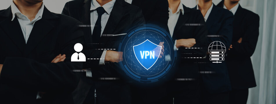 A professional business team stands confidently, highlighting the importance of VPN technology for secure communication and data protection in today digital landscape. Trope