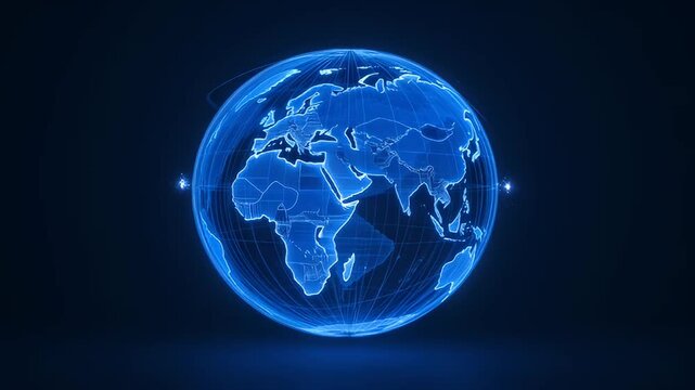 Digital blue world globe showing continents, countries, and international boundaries on black