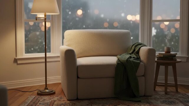 A cozy armchair bathed in lamplight offers a warm refuge by a rain streaked window overlooking a blurred cityscape at dusk