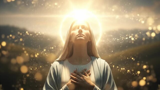 Sacred woman embraced by brilliant golden light, radiating divine purity and spiritual luminescence, embodying the Blessed Virgin Mary's immaculate grace in serene nature