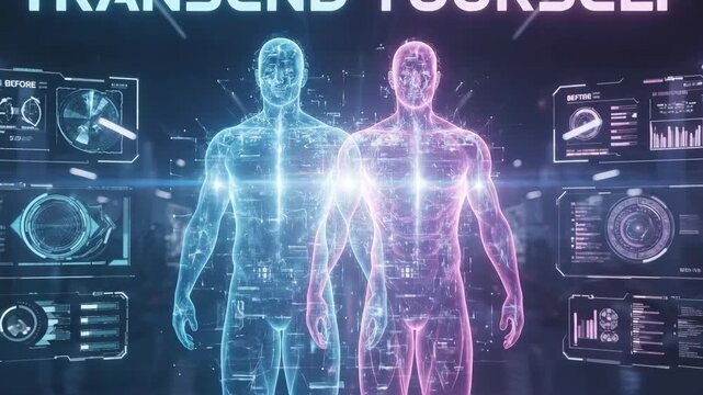 Futuristic holographic display shows a human body s transformation from a blue fragmented state to a vibrant pink complete form signifying progress and evolution