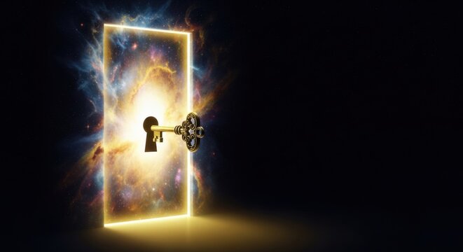 Golden key opening glowing cosmic doorway to new universe