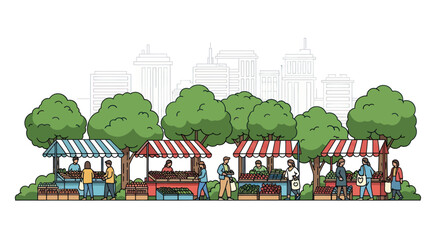 Outdoor Farmer's Market Scene with Stalls, Produce, and City Skyline © ahmad