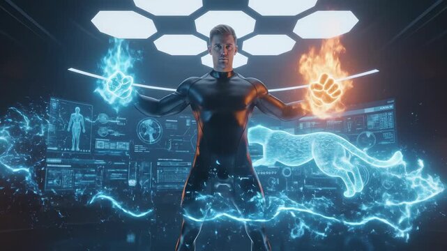 A futuristic figure in a sleek suit stands on a glowing platform surrounded by holographic displays showing data and abstract forms in a dark high tech environment projecting energy