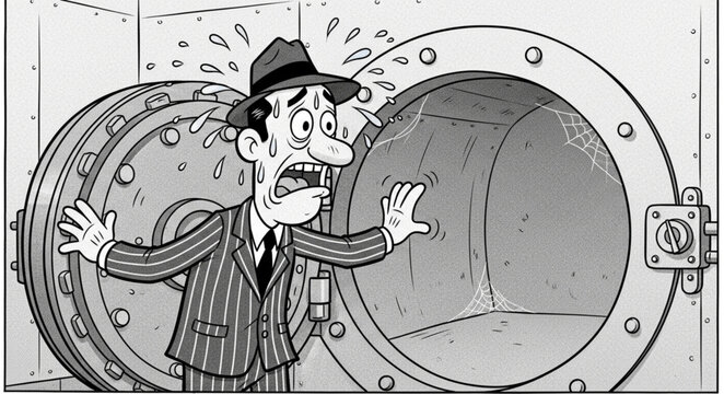Man in suit looks shocked as vault door opens revealing empty space.