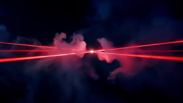Red Laser Lights Cutting Through Thick Smoke in Dark Space