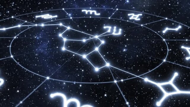 A celestial map showcasing zodiac constellations in a starry night sky, viewed from a distant perspective, illustrating the beauty of astronomy