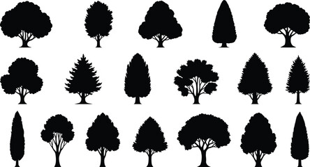 Collection of diverse tree silhouettes isolated on white background for nature design projects vector illustration