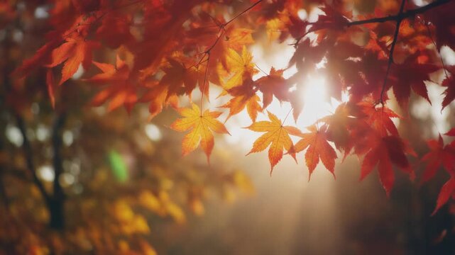 Sunlight filtering through vibrant autumn leaves in a serene forest setting.