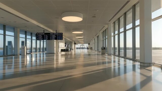 A bright modern airport terminal hallway with large windows offering views and sunlit benches The long corridor suggests travel and waiting