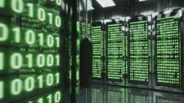 A person standing in a server room with rows of computer servers displaying binary code on their screens.